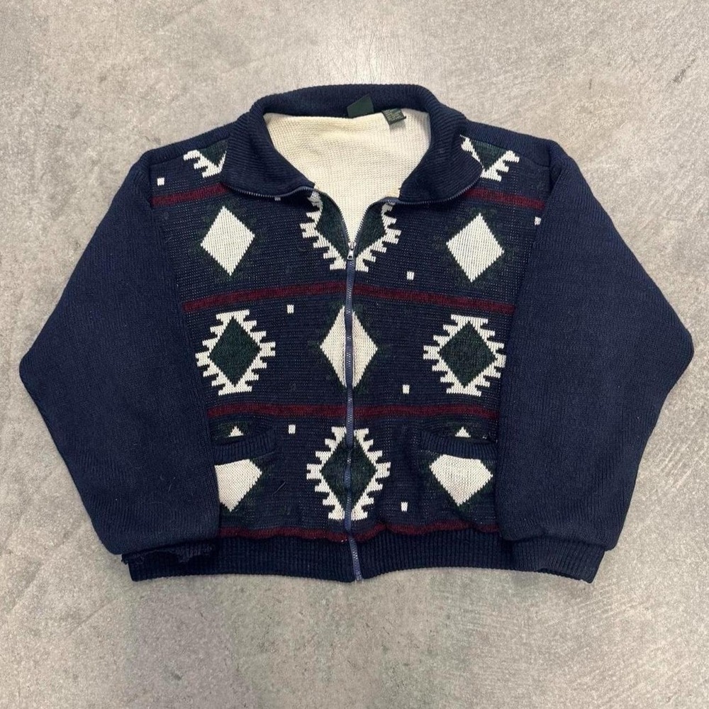 Vintage Women's Thermal Lined Aztec Sweater Zip Navy Distressed 2X Heavyweight